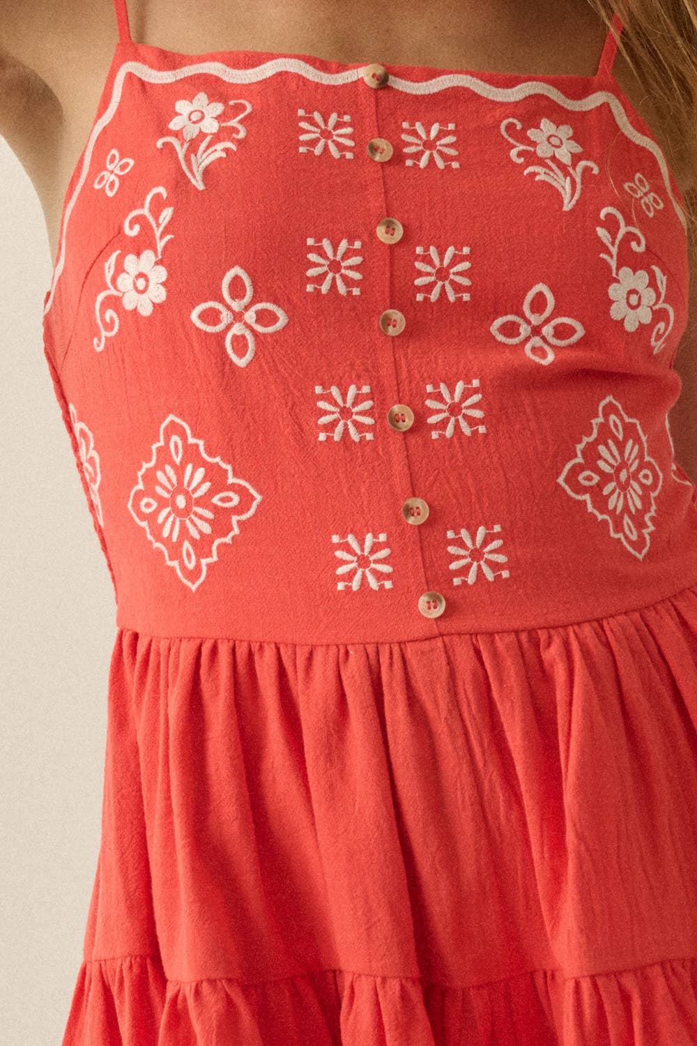 Floral-Embroidered Cotton Tiered Romper