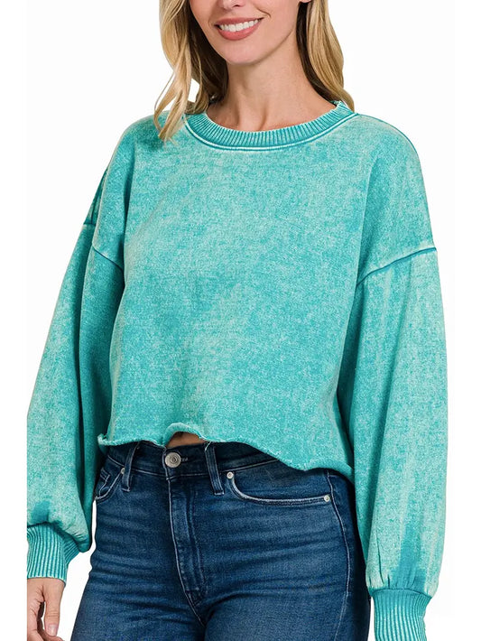 Acid Wash Fleece Cropped Pullover