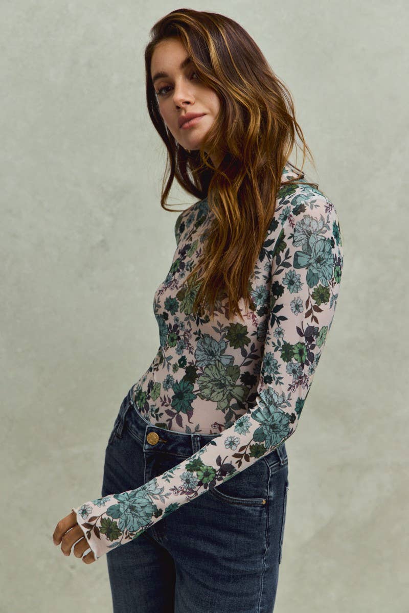 Floral Print Mesh Knit Long Sleeves Top