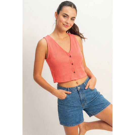 Waffle Knit Button Down Sleeveless Vest