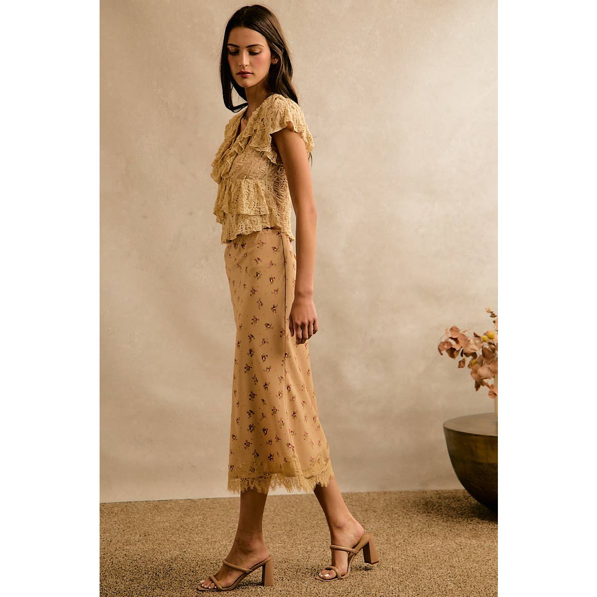 Satin Floral Print Lace Trim Midi Skirt