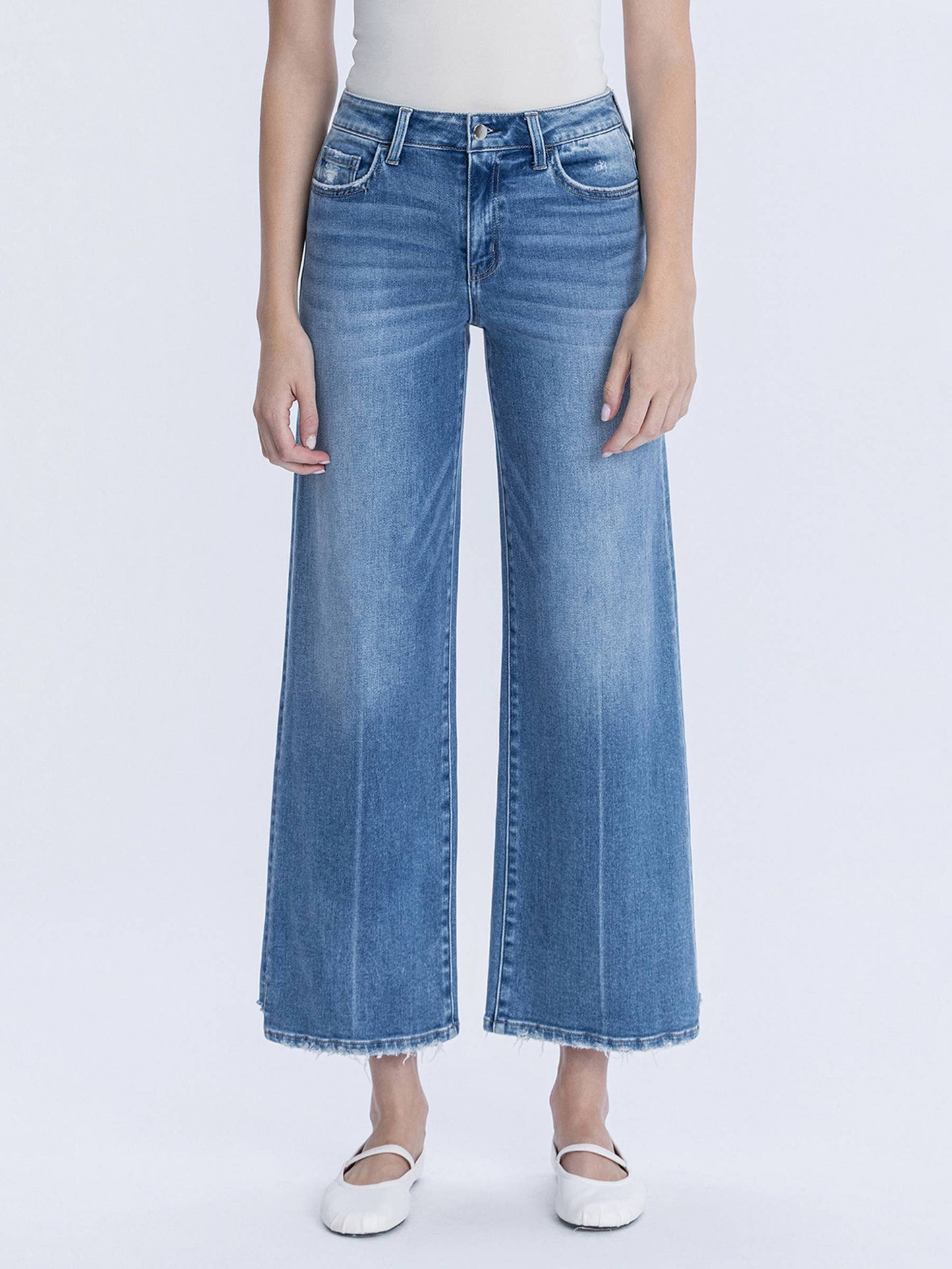 High Rise Side Panel Step Hem Ankle Wide Jeans