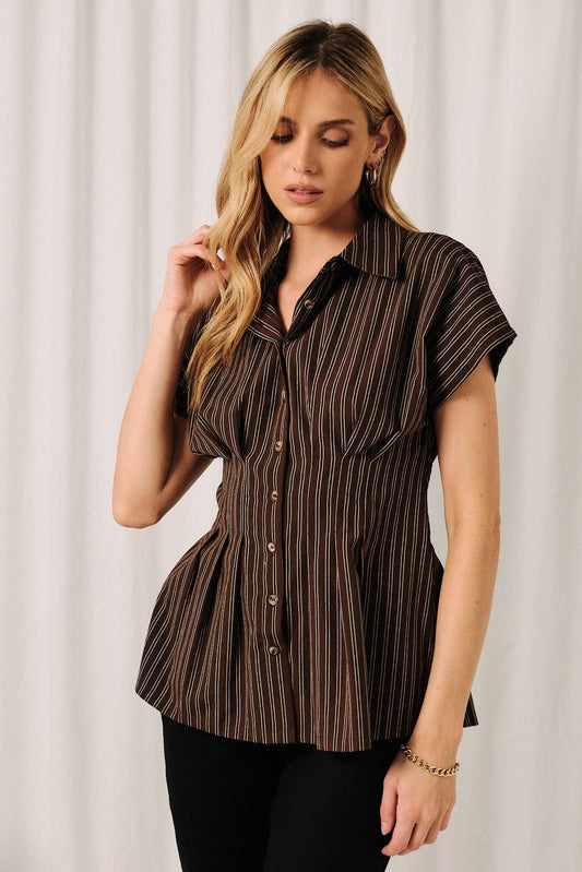 Short Sleeve Button Down Pleated Stripe Shirt