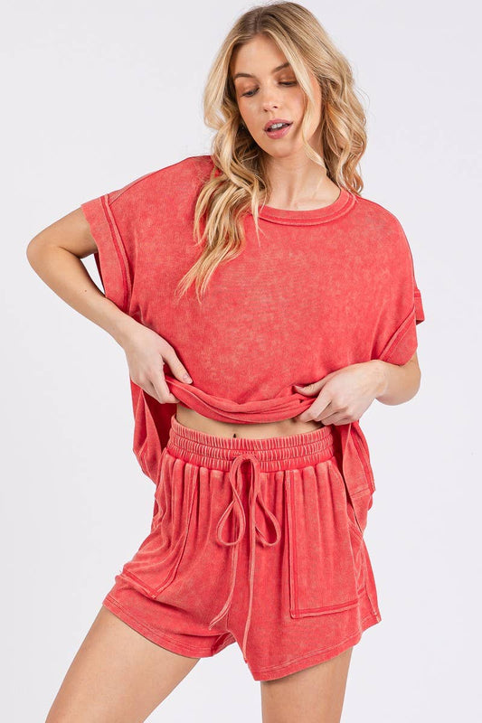Red Mineral Washed Shorts Set