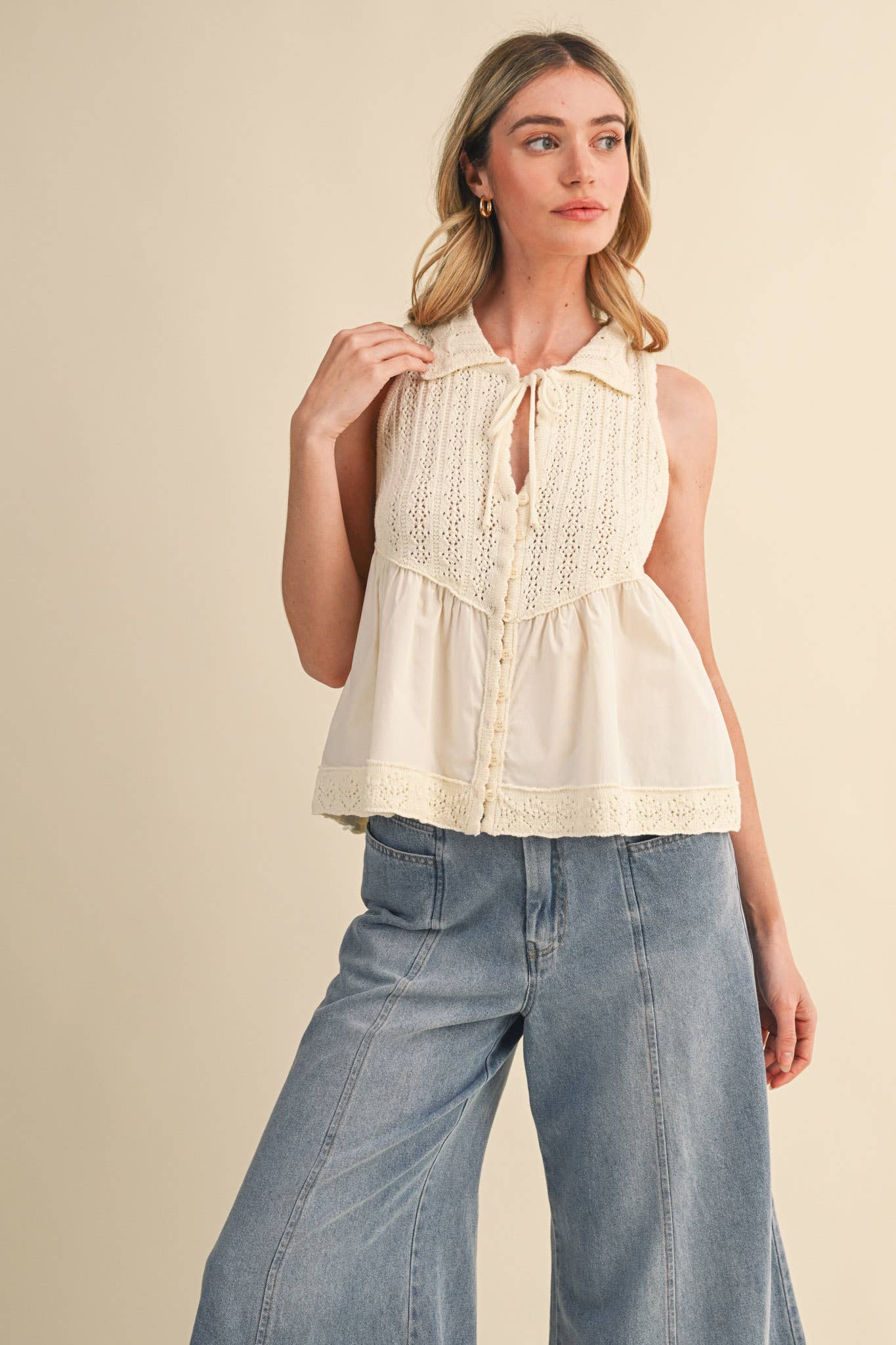 Mixed Media Collared Button Down Sweater Top