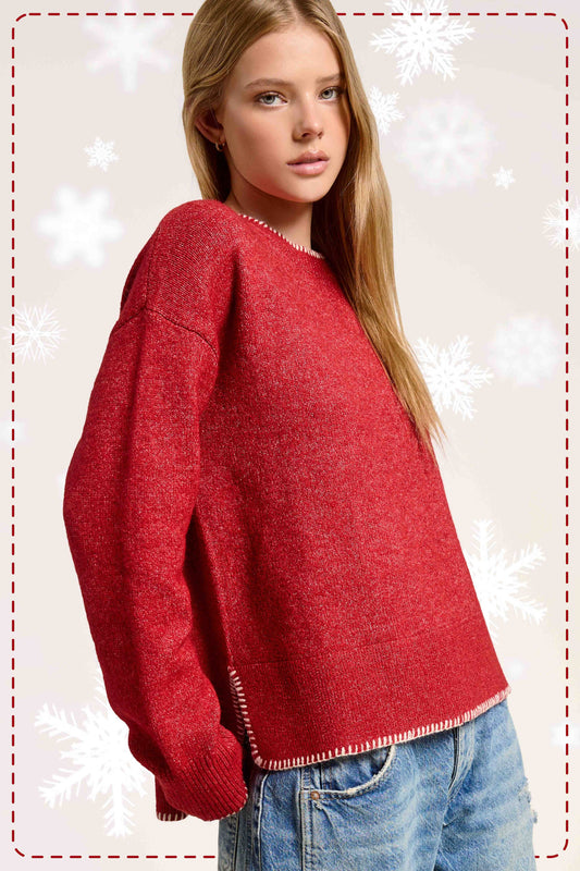 Hi-Low Sweater W/ Contrast Stitch