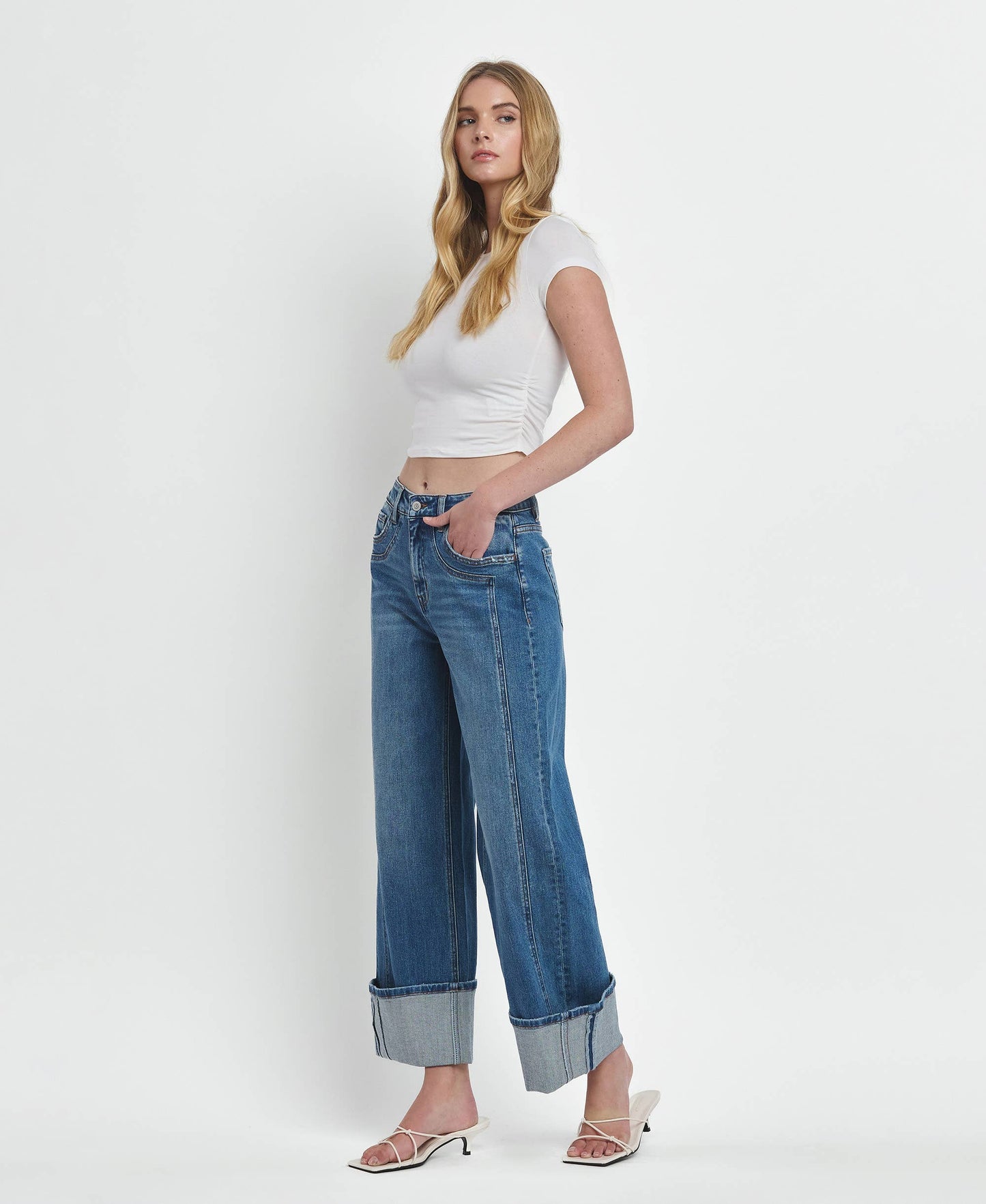 High Rise Cuffed Wide Denim