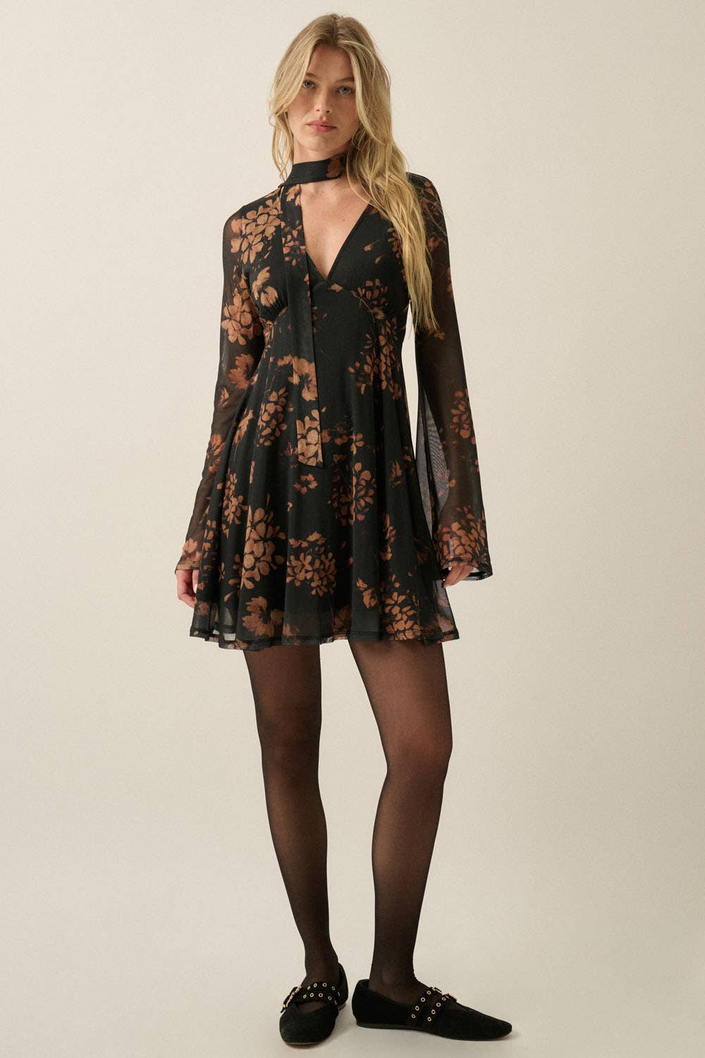 Floral-Print Mesh Bell-Sleeve Mini Dress with Scarf