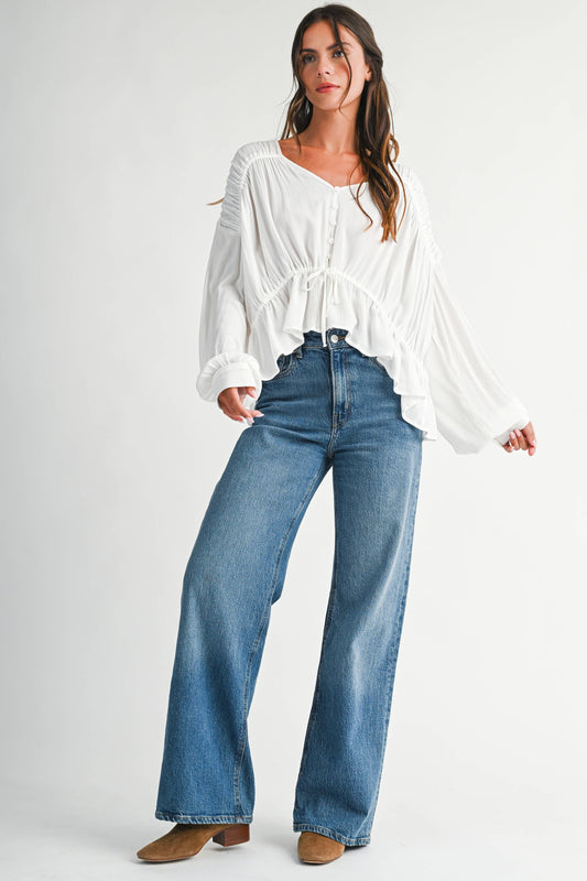 Textured Button Front Peplum Blouse