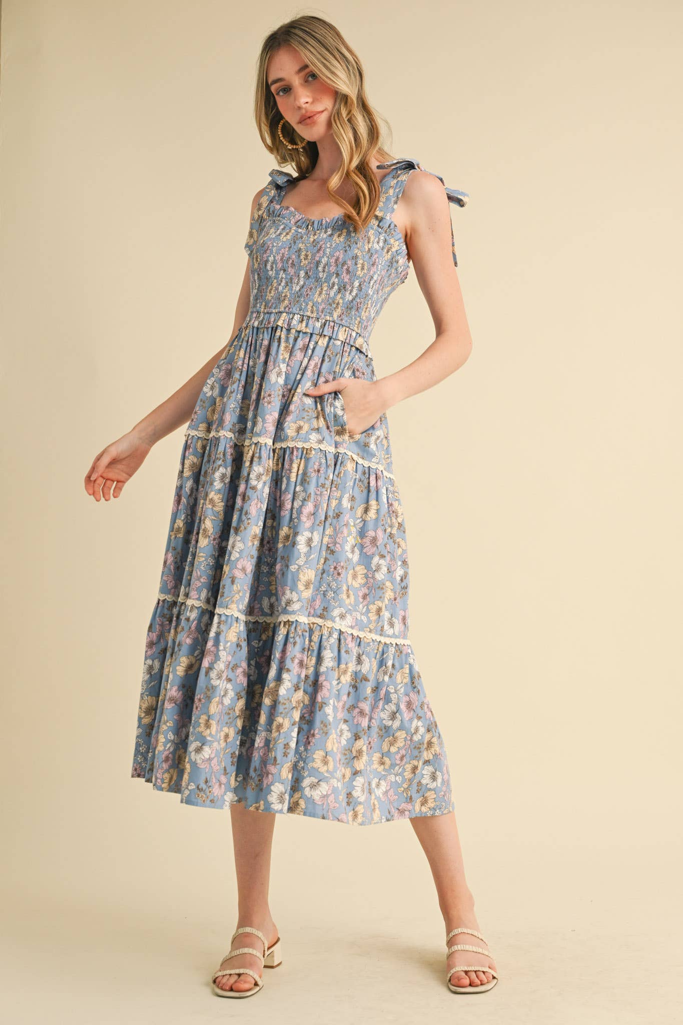 Floral Ruffled Lace Trim Midi Dress