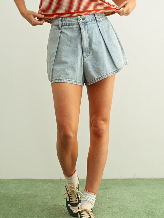 Pleated Denim Shorts