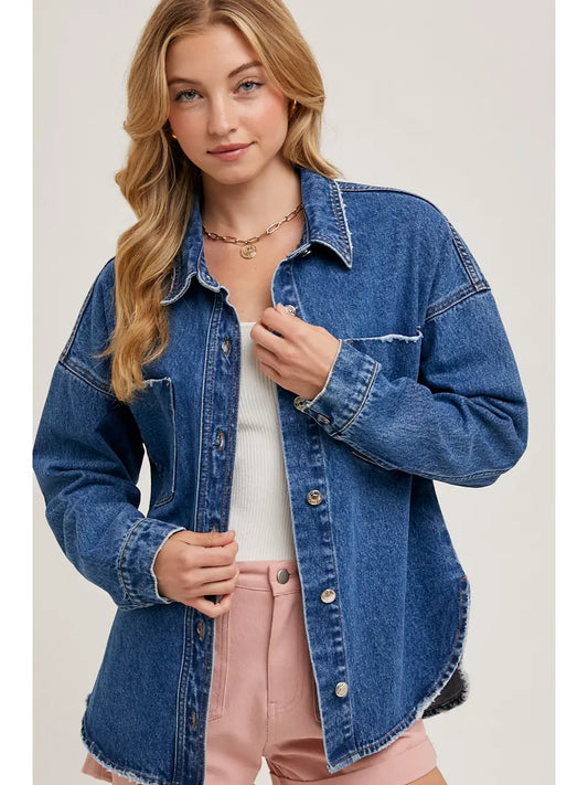 Button Down Dolphin Hem Denim Jacket