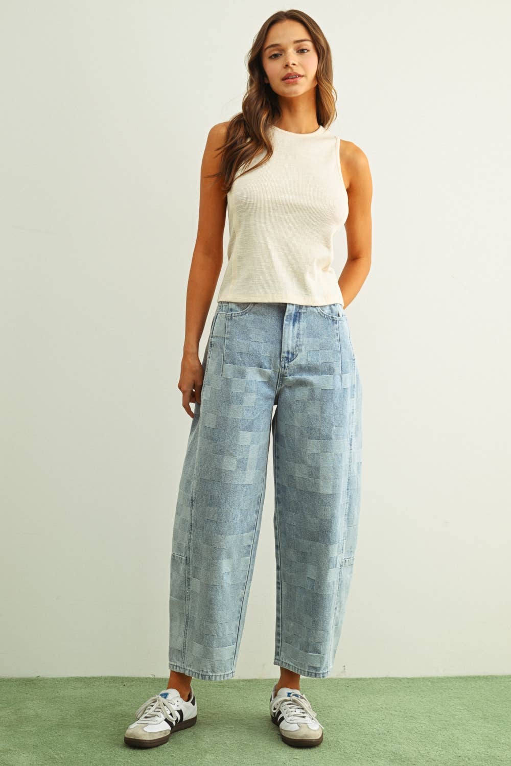 Checkered Denim Barrel Jeans