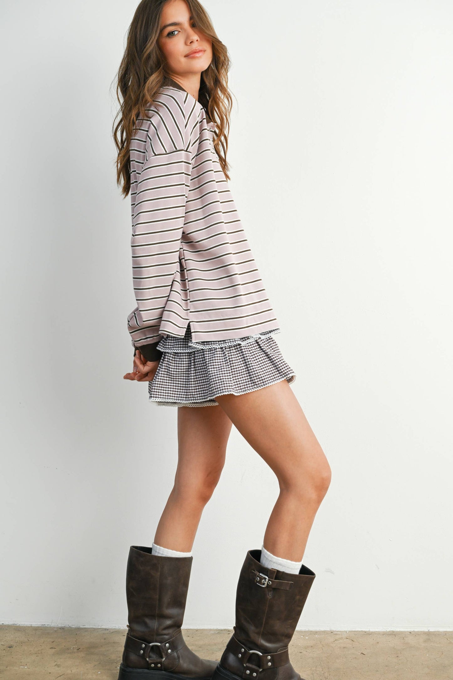 Quarter-Button Striped Collared Long Sleeve Top