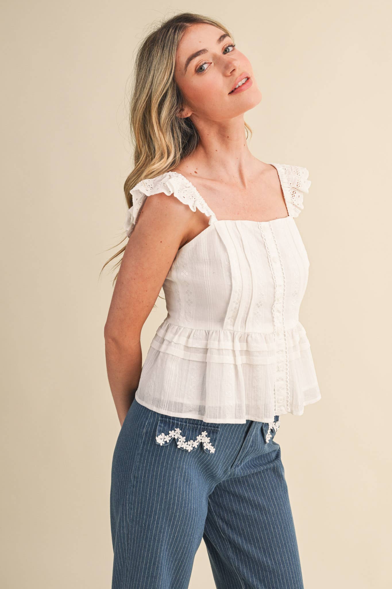 Eyelet Flutter Sleeve Peplum Top