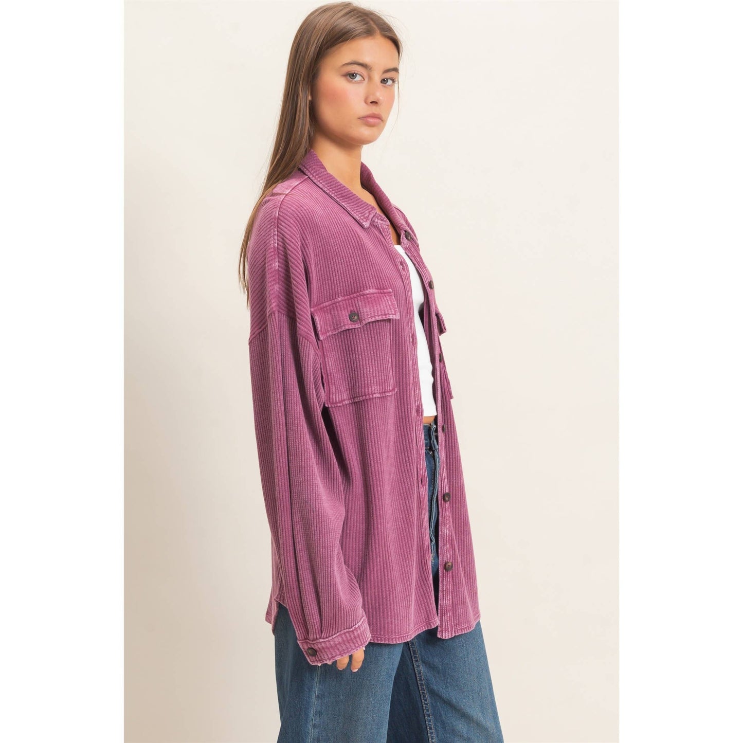 Mineral Wash Waffle Knit Button-Up Shacket