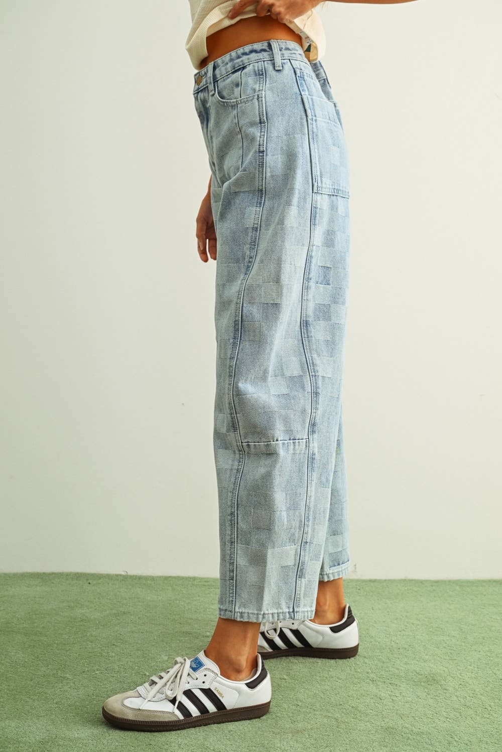 Checkered Denim Barrel Jeans