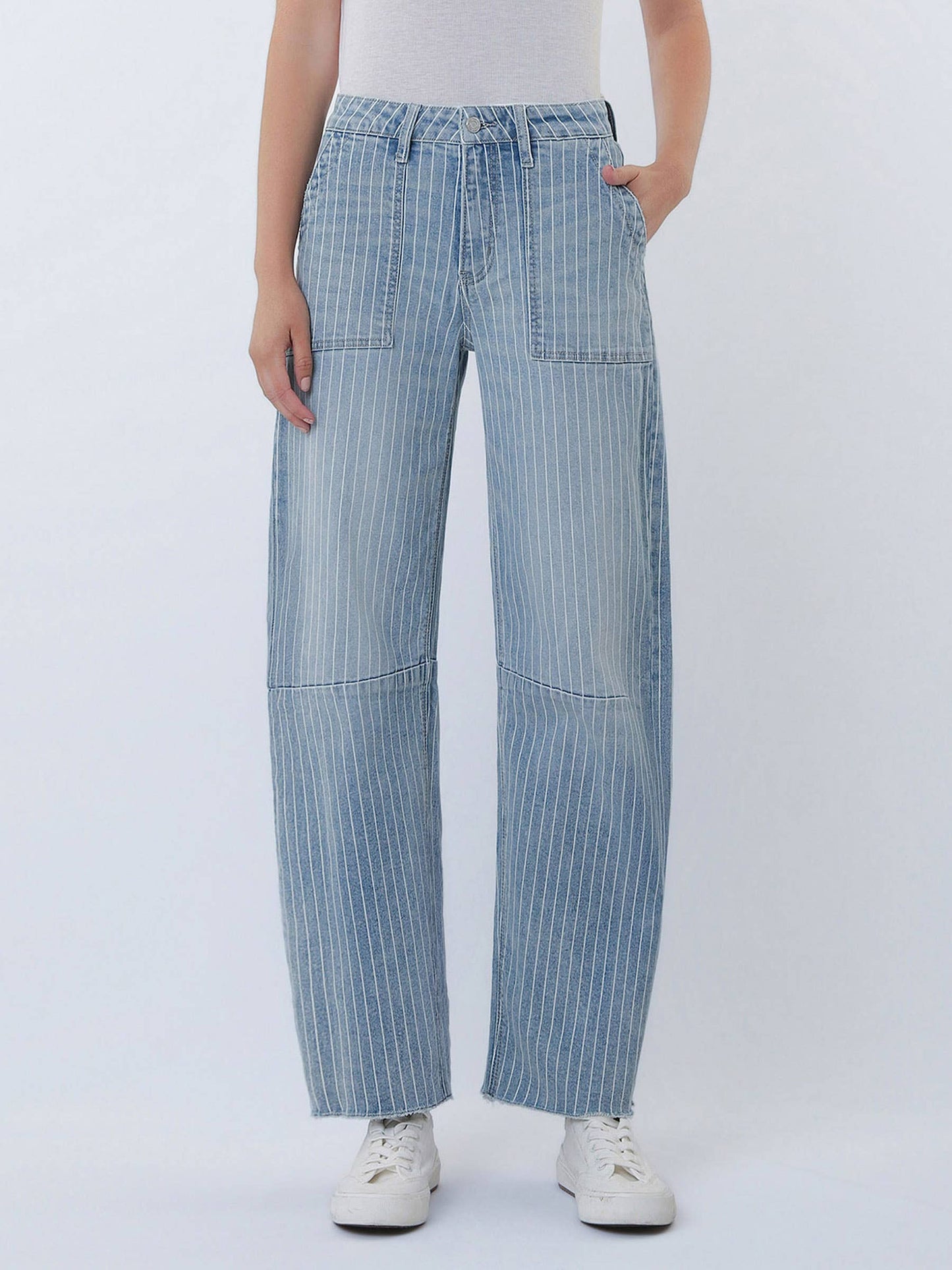 Striped Raw Hem Barrel Jeans