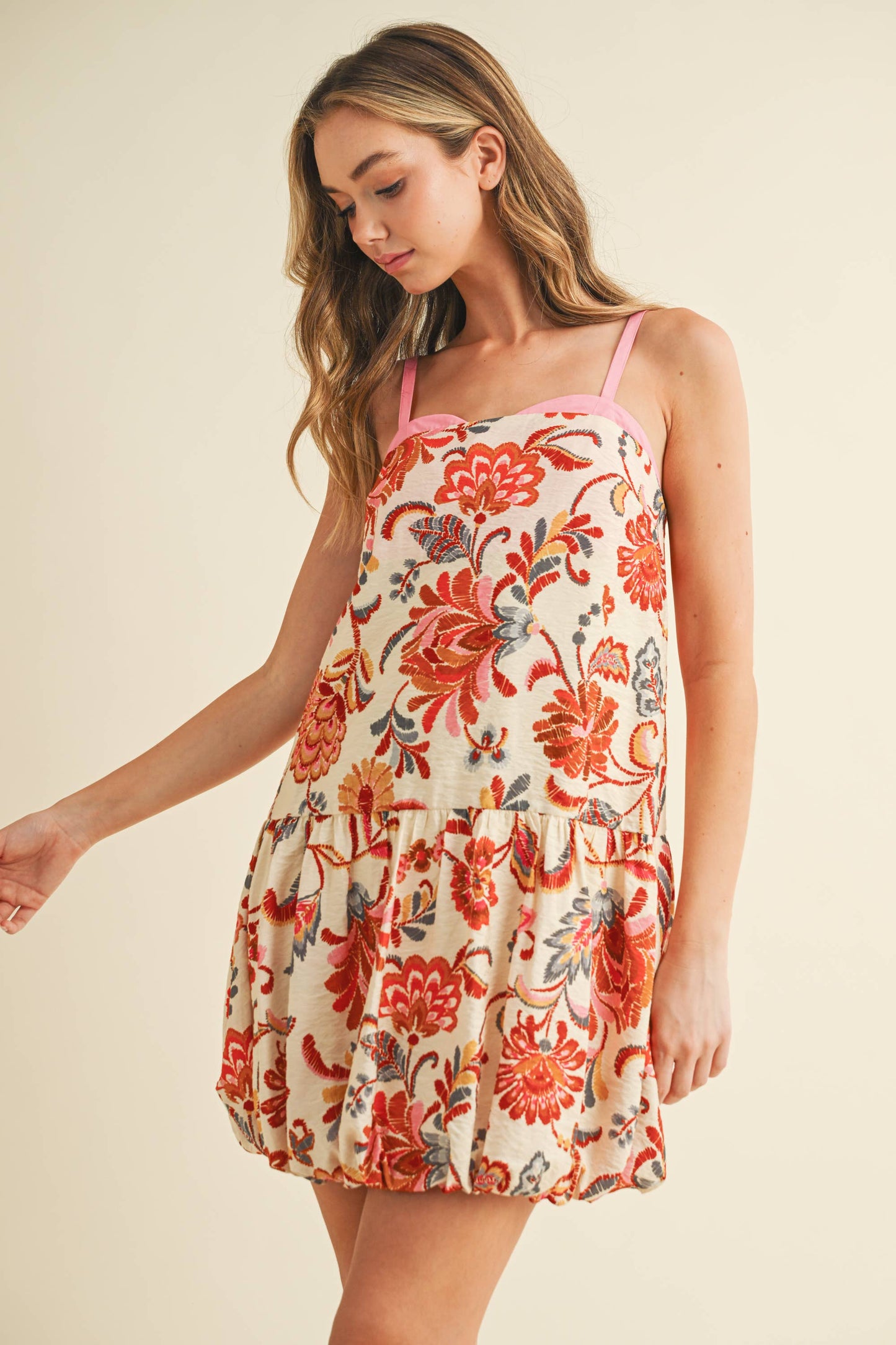 Floral Print Bubble Hem Adjustable Straps Dress