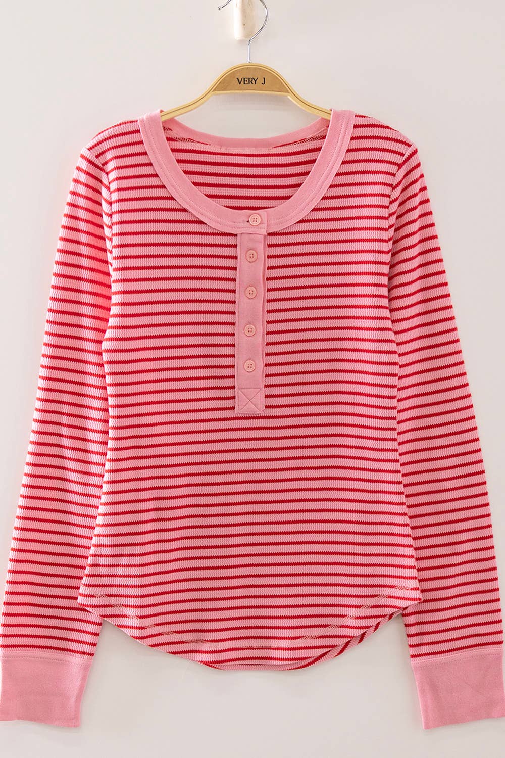 Striped Ribbed Henley Long Sleeve Top