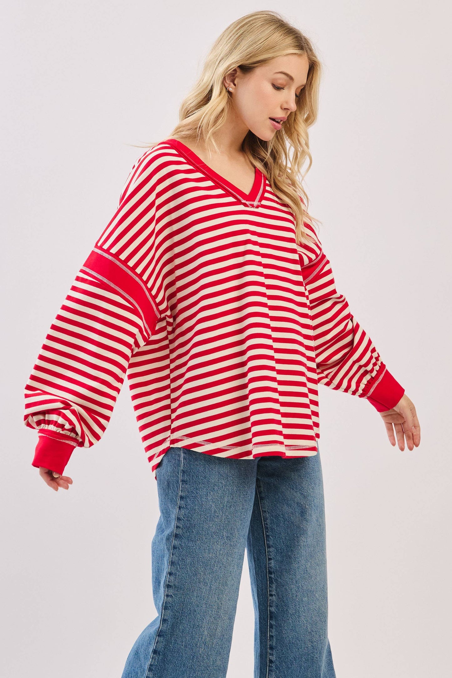 Striped Balloon Sleeve V-Neck Knit Top