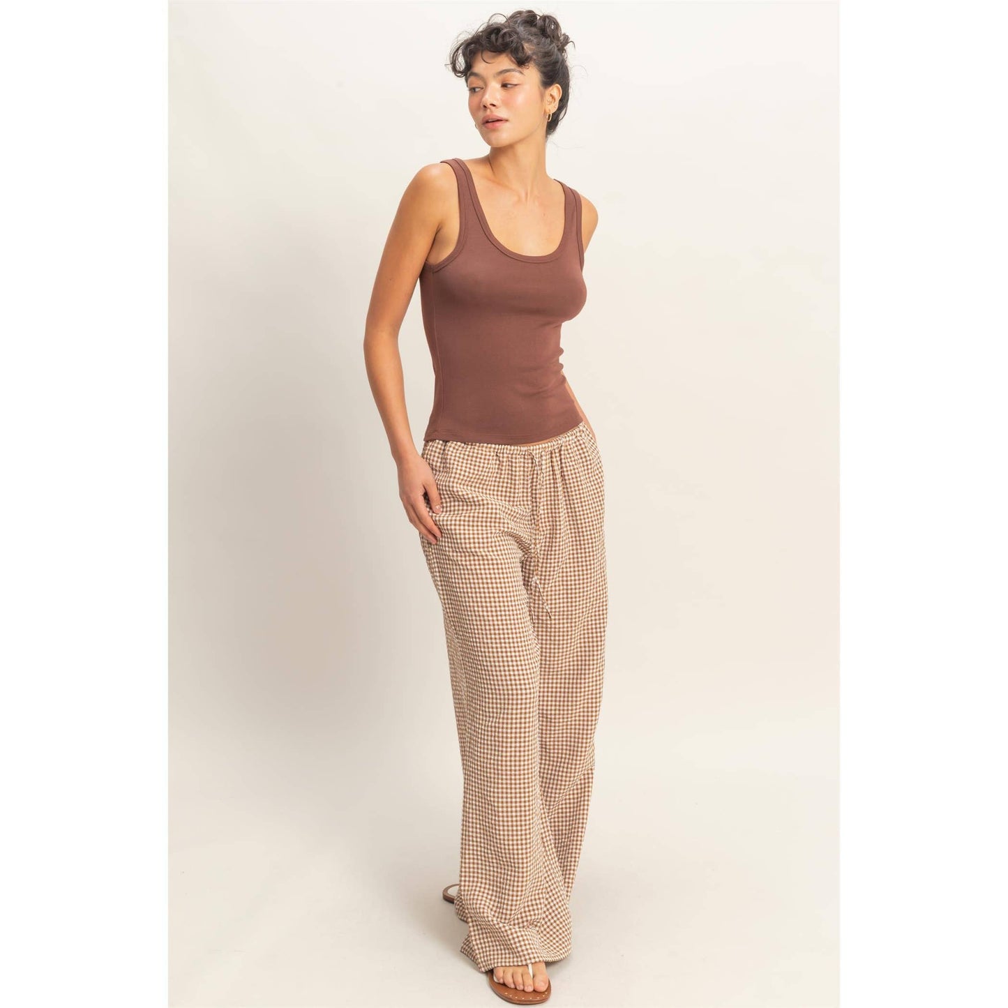 Gingham Drawstring Wide-Leg Pants