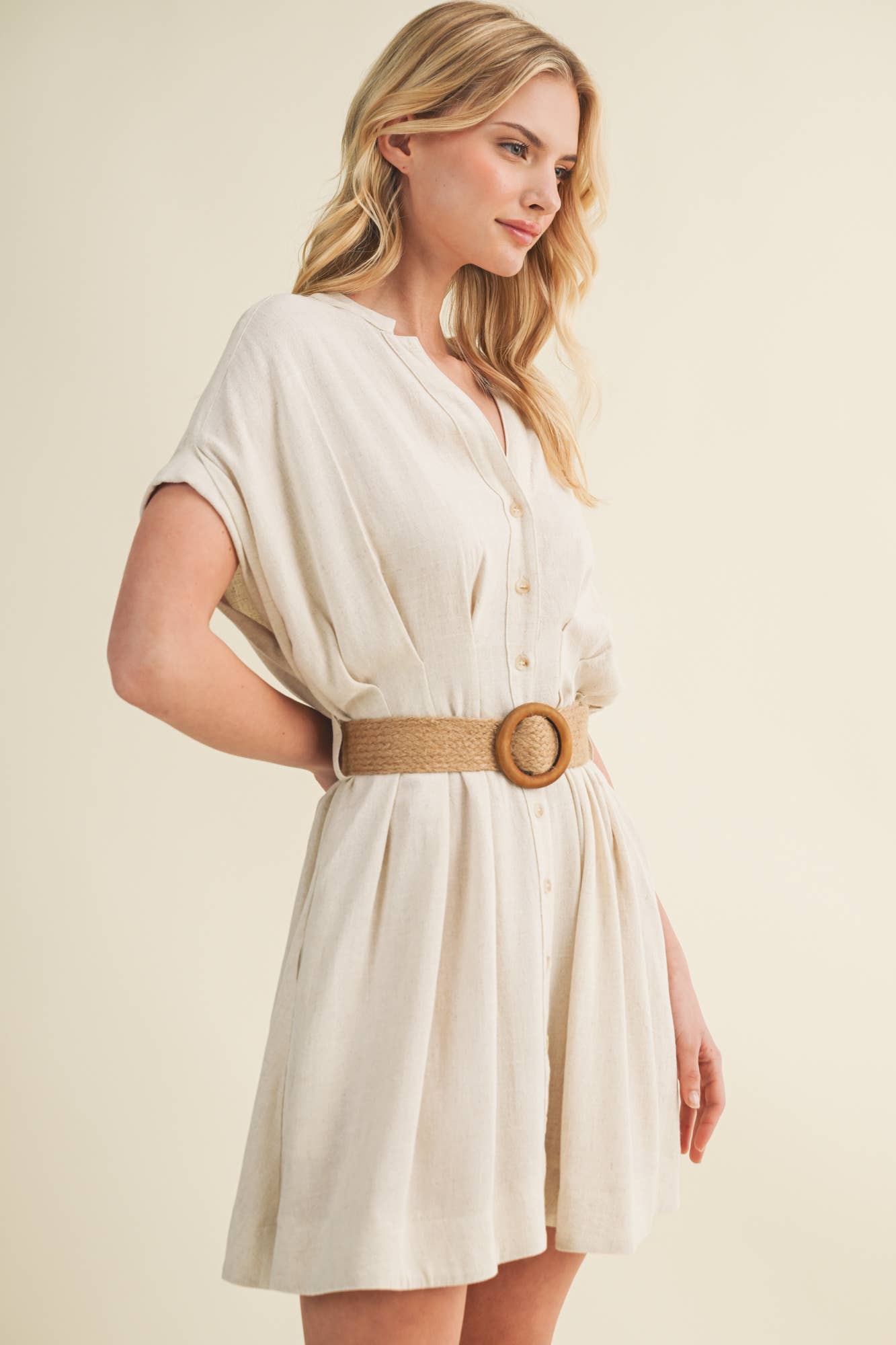 Dolman Sleeve Belted Button-Front Dress
