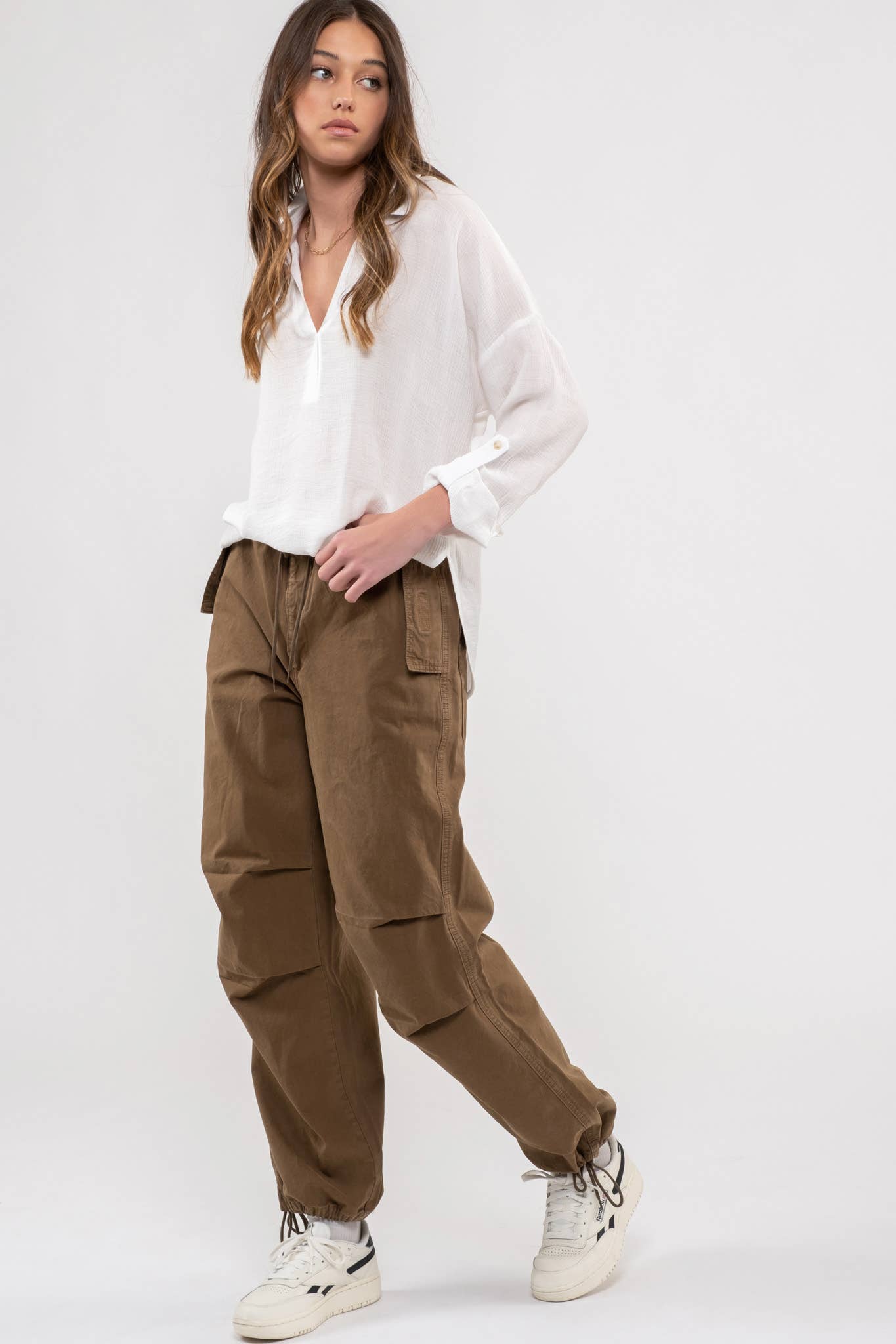 Collared Split Neck Long Sleeve