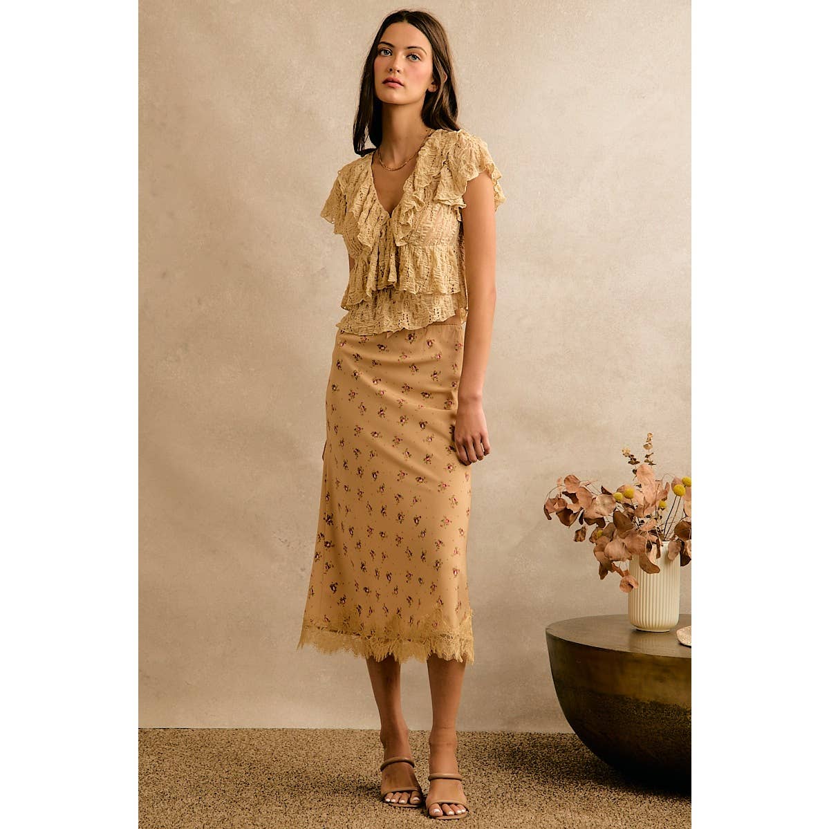 Satin Floral Print Lace Trim Midi Skirt