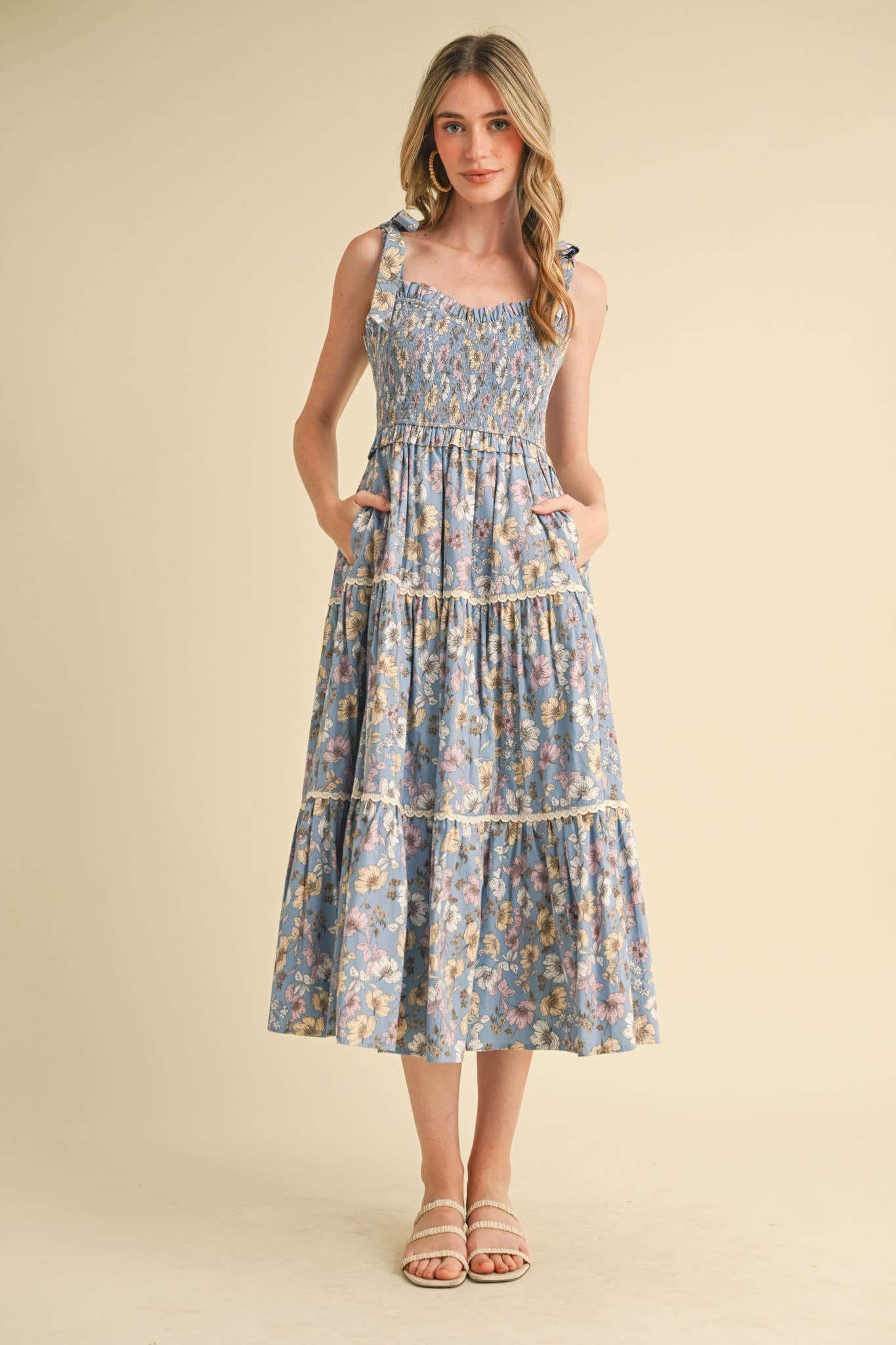 Floral Ruffled Lace Trim Midi Dress