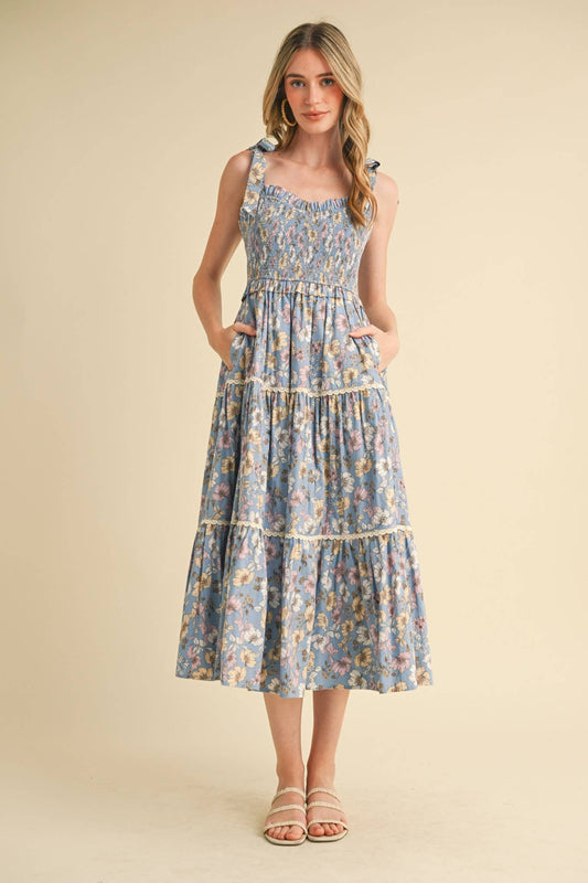 Floral Ruffled Lace Trim Midi Dress