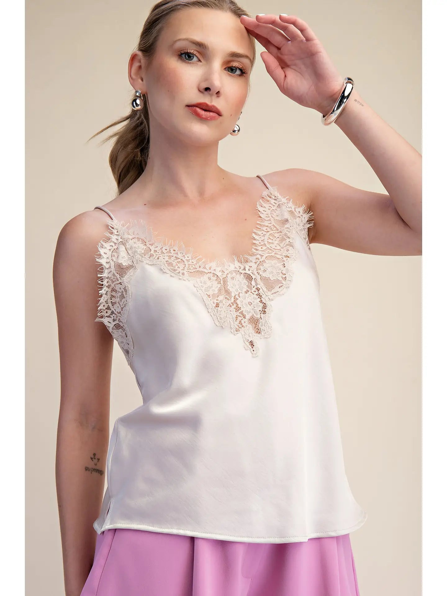 V-Neckline Lace Satin Cami Top