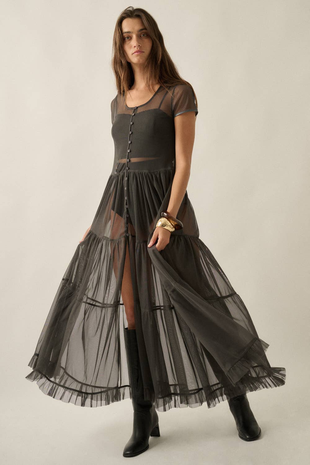 Mesh Short-Sleeve Button-Front Maxi Top