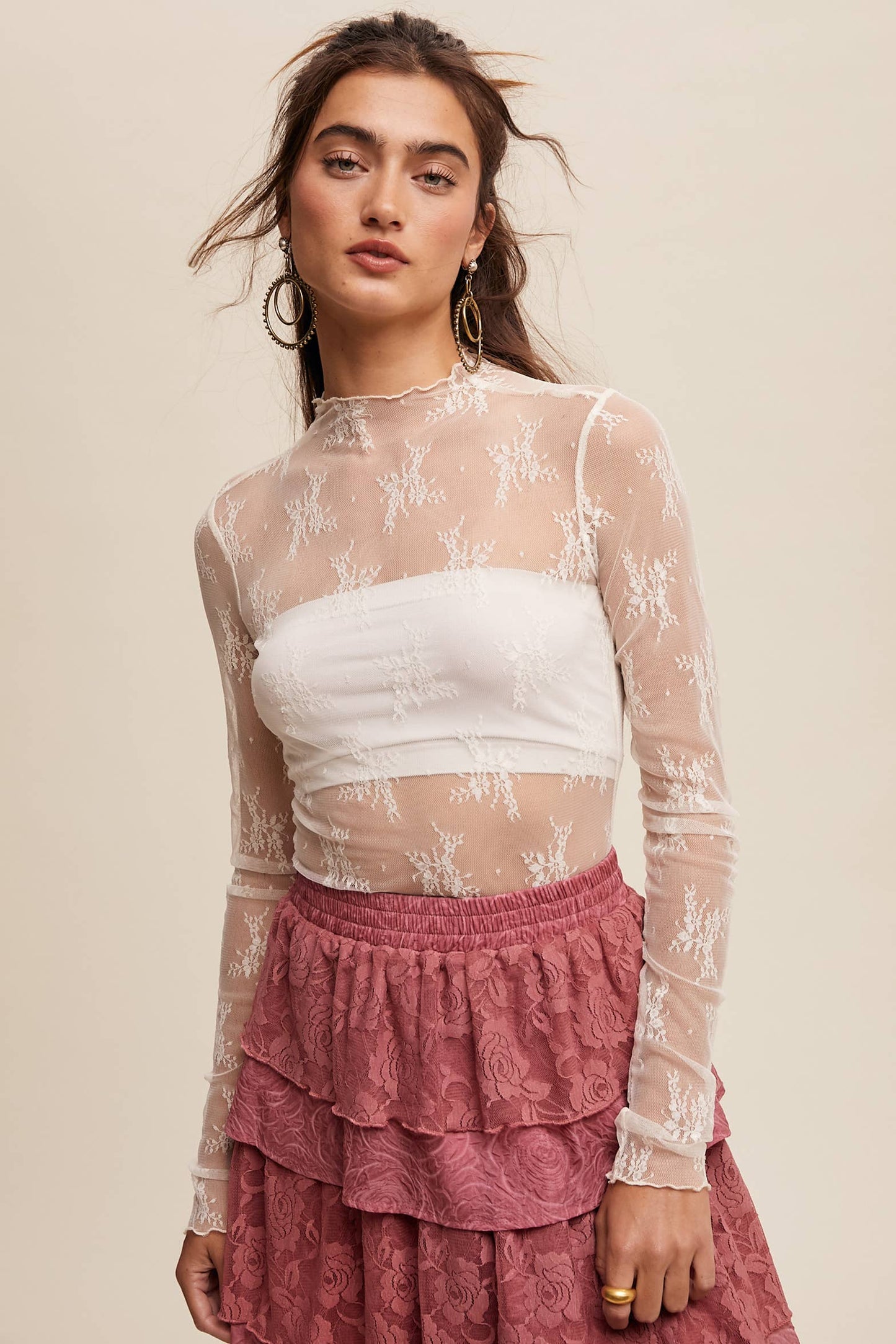 Sheer Lace Long-Sleeve Top