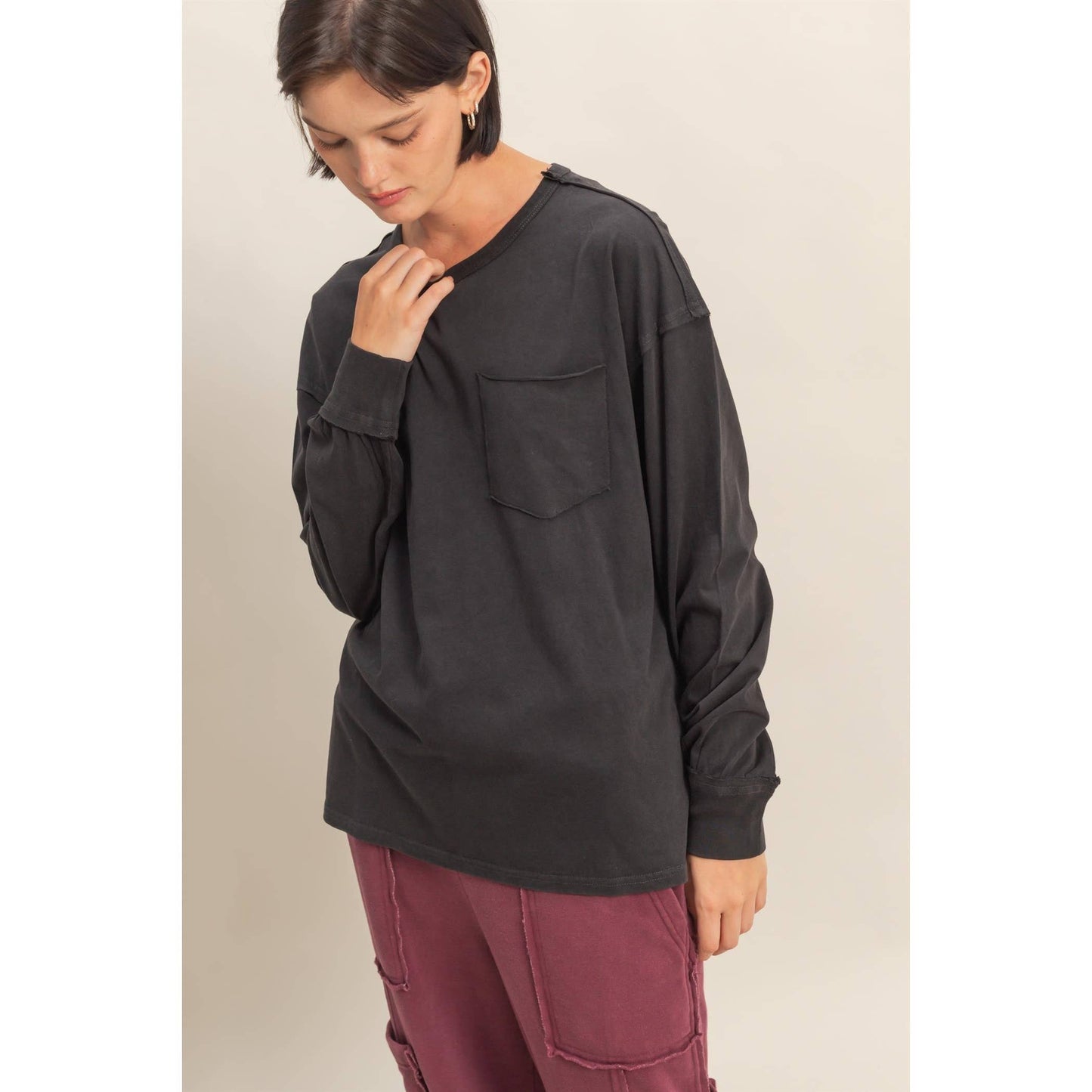 Oversized Washed Long Sleeve Pocket Tee