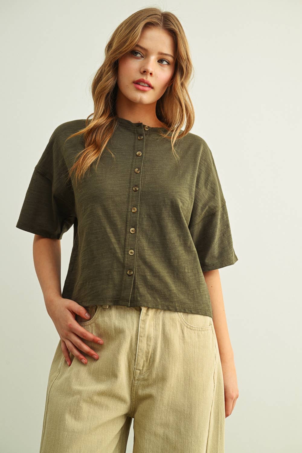 Button Down Round Neck Half Sleeve Top