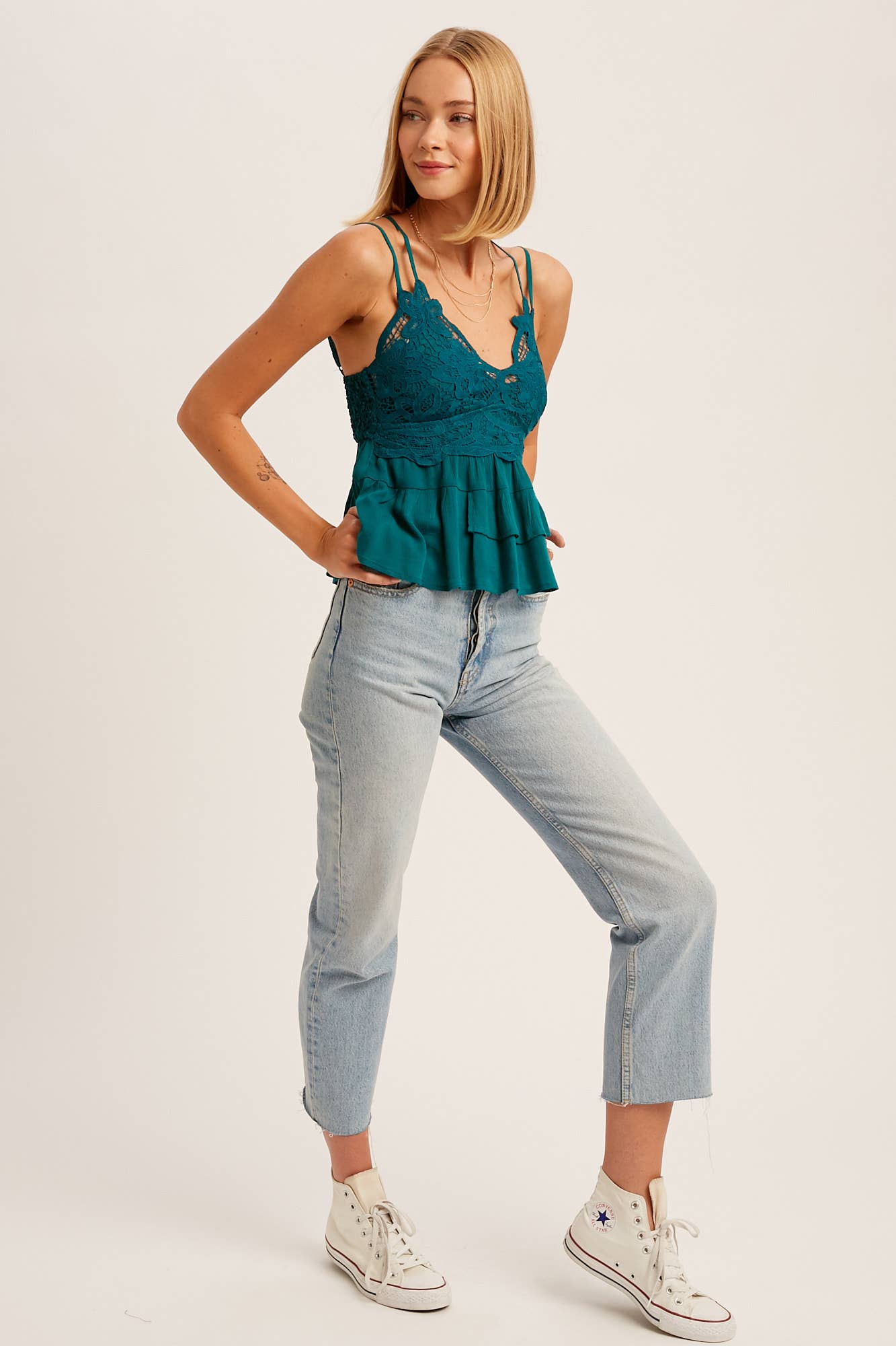 Lace Bodice Tiered Peplum Cami Top