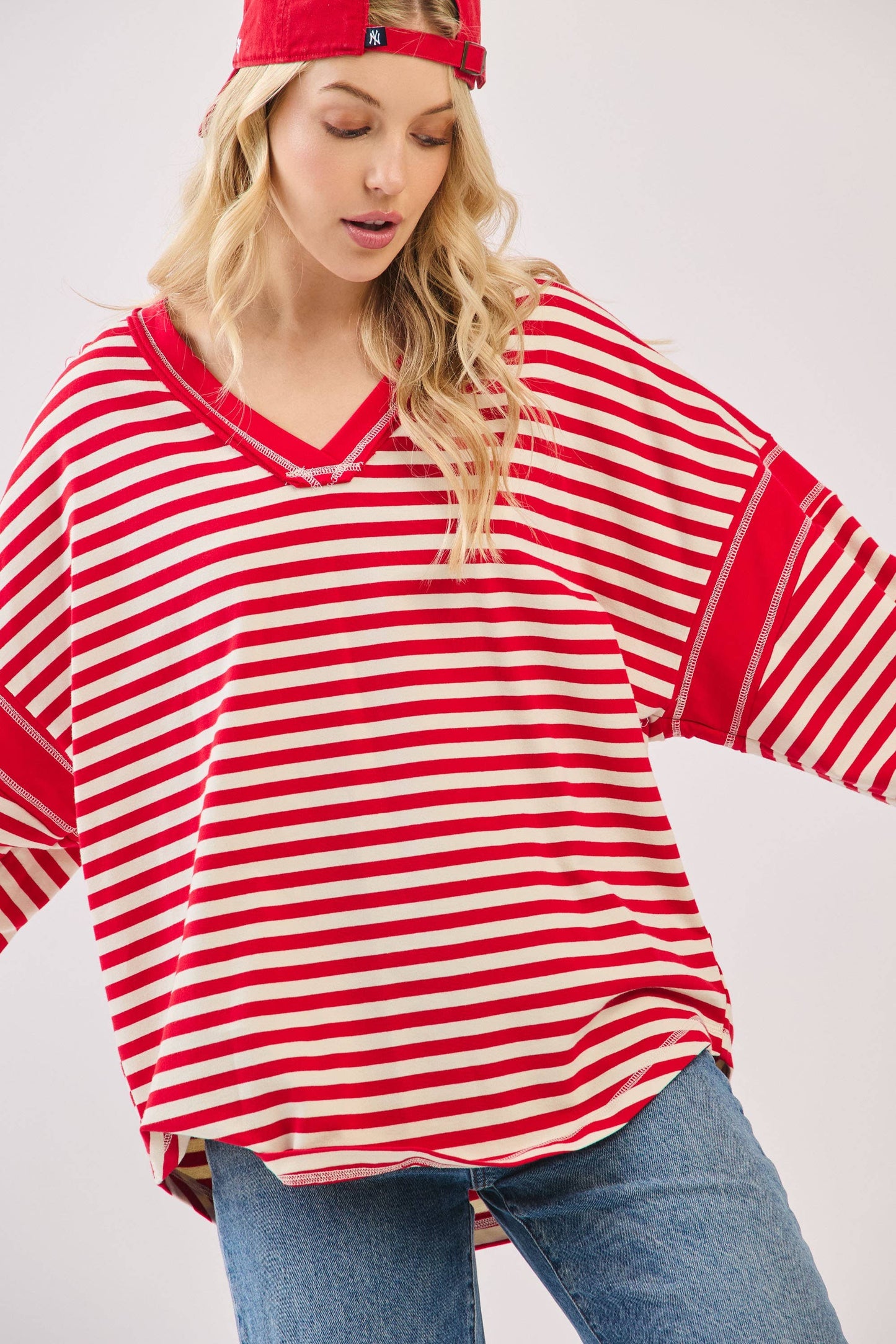Striped Balloon Sleeve V-Neck Knit Top