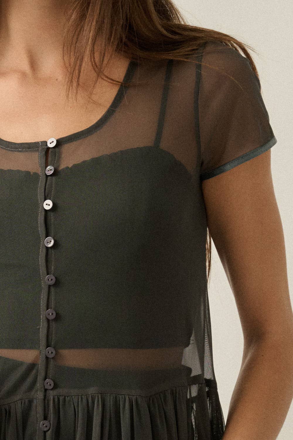 Mesh Short-Sleeve Button-Front Maxi Top