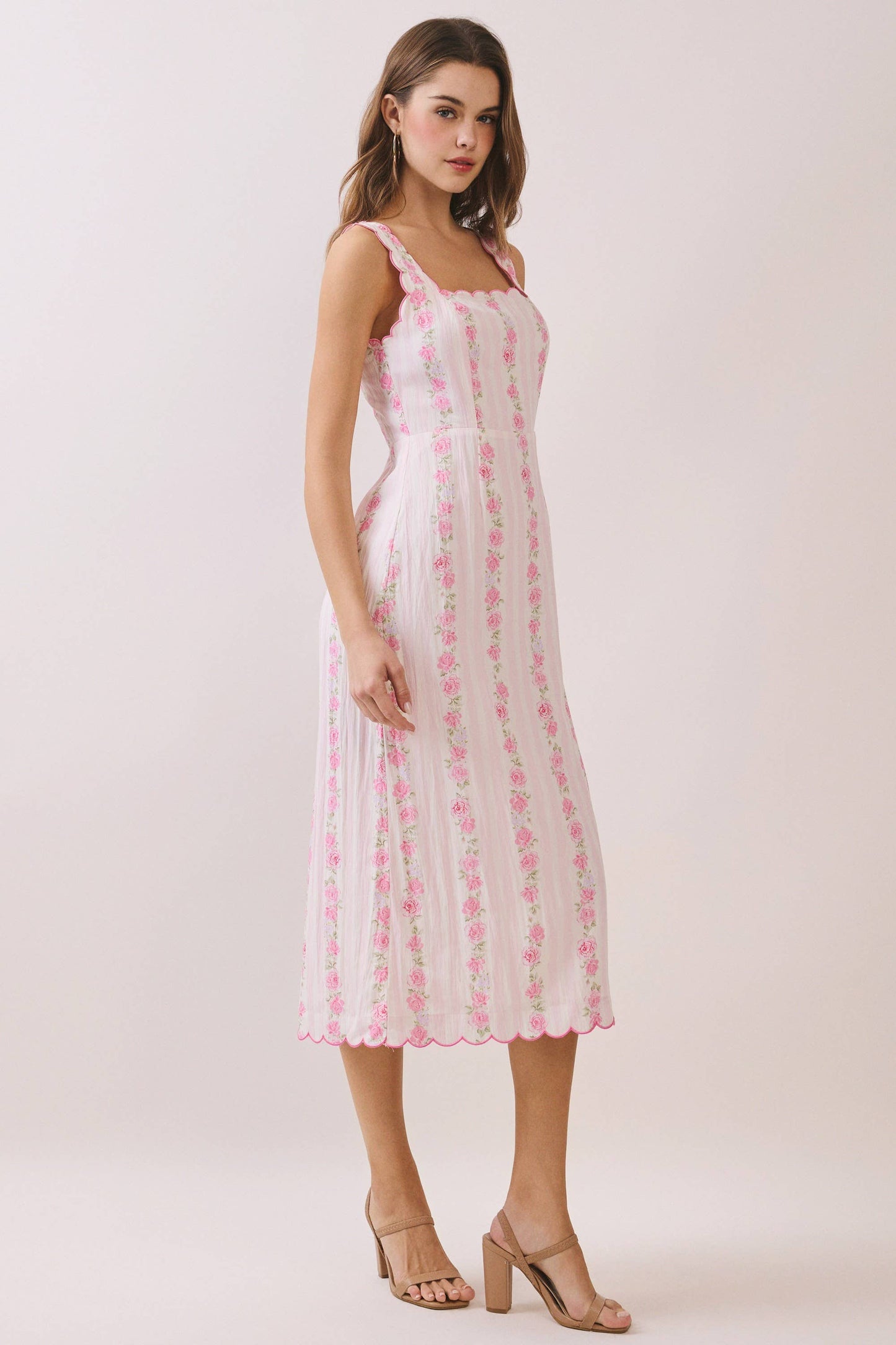 Floral Print Scalloped Detail Back Smocked Dress
