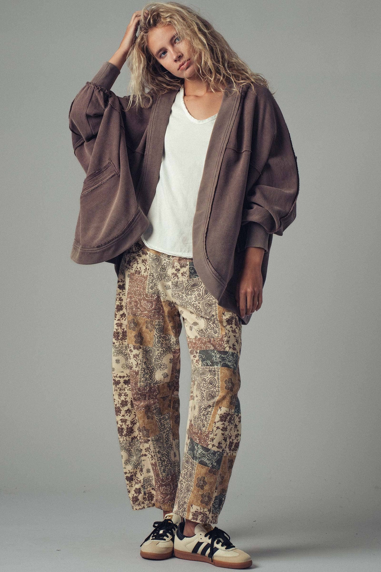 Washed Waffle Knit Hooded Cardigan