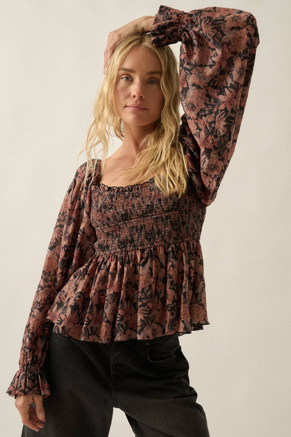 Floral-Print Sweetheart Smocked Peplum Top