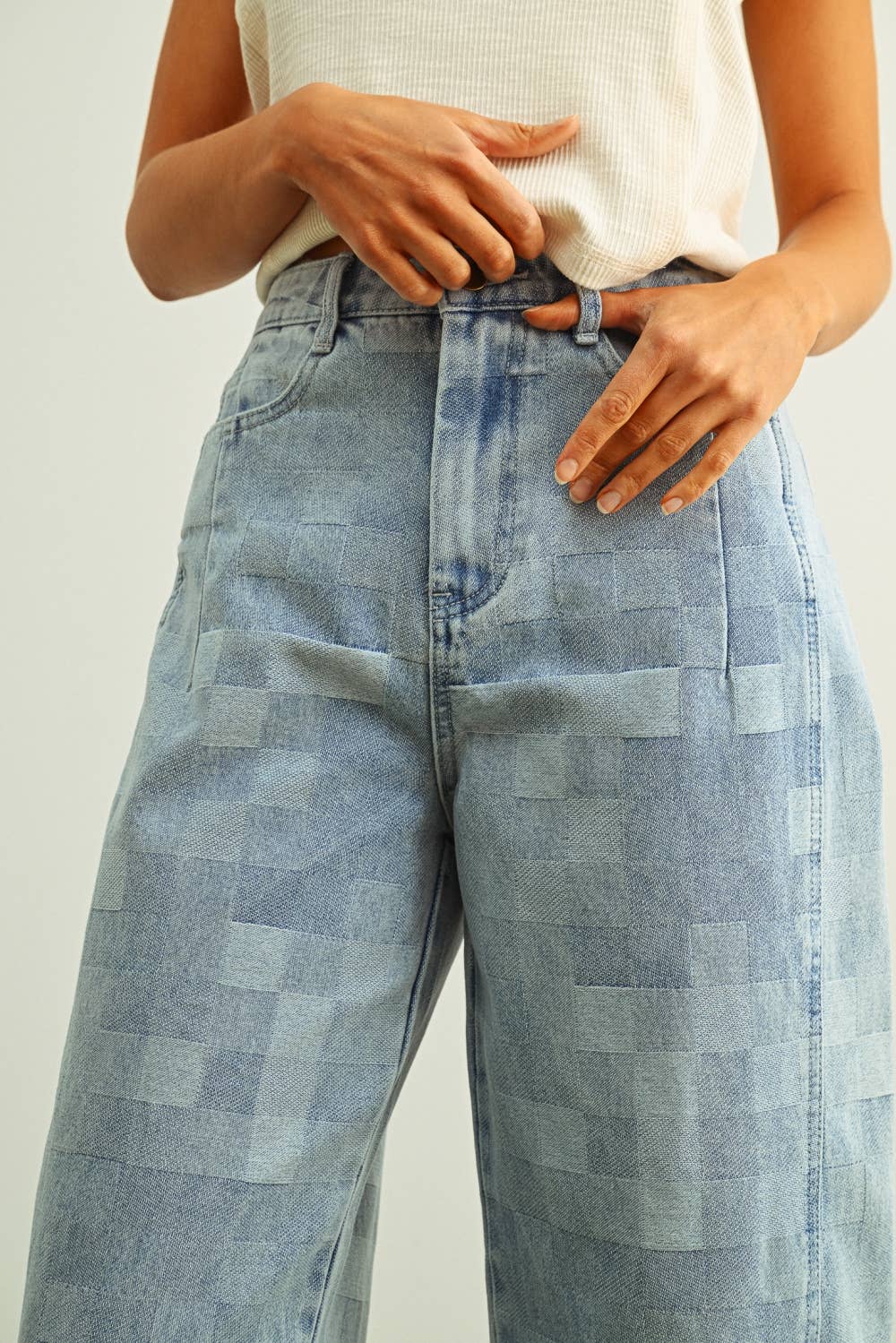 Checkered Denim Barrel Jeans