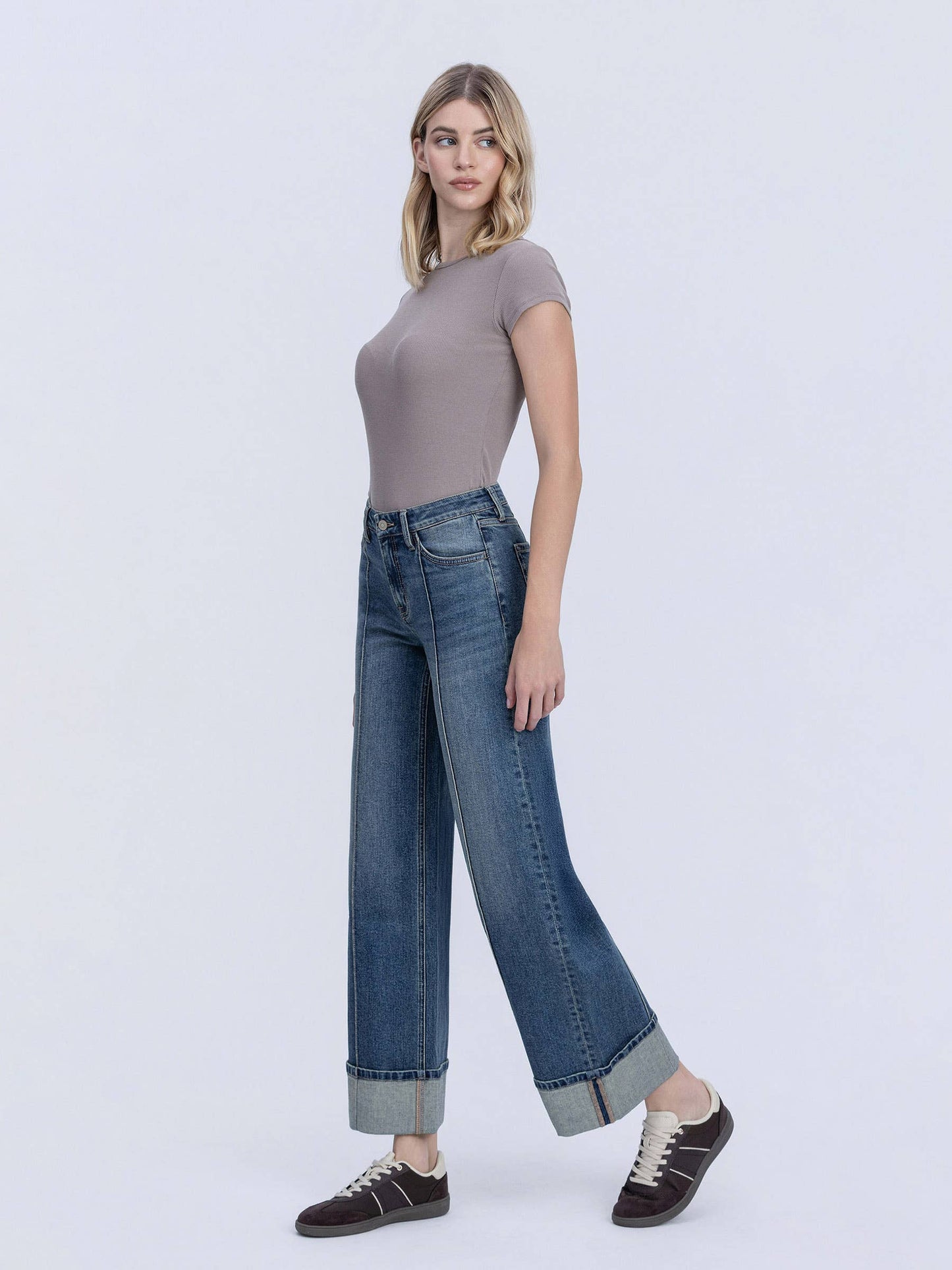 MID RISE PIN TUCK CUFFED BAGGY WIDE JEANS