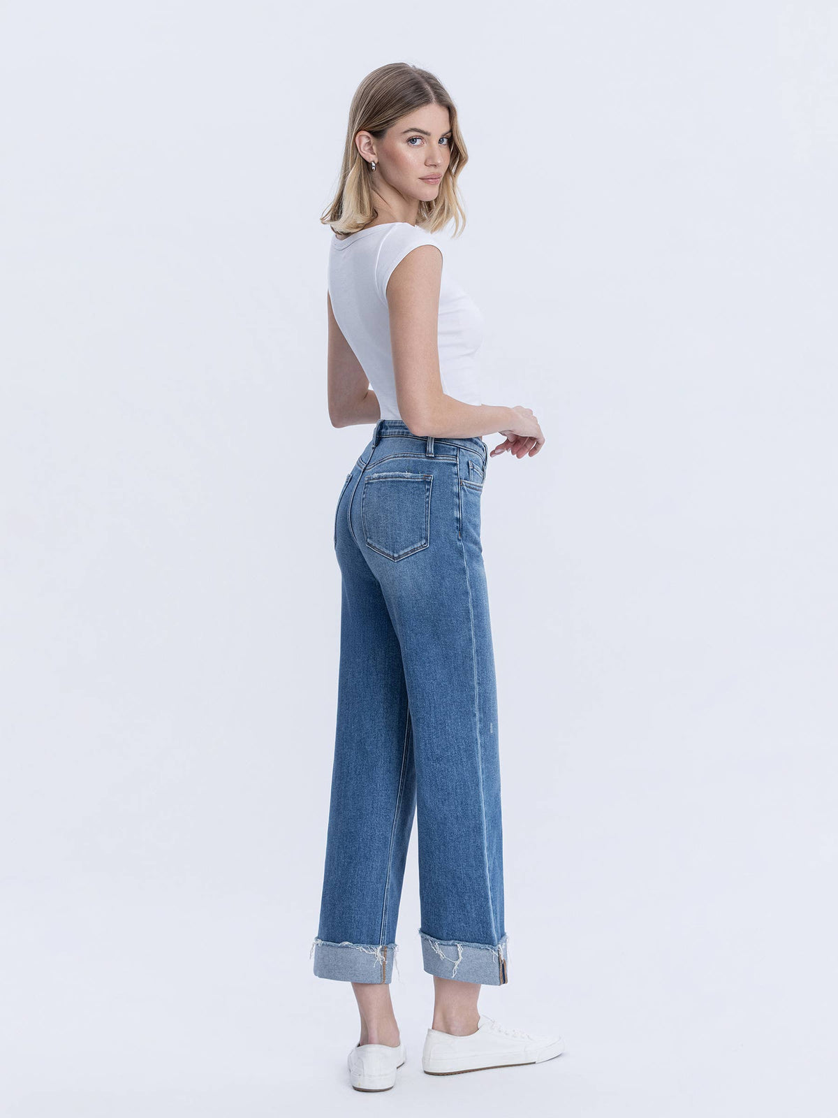 High Rise Raw Cuffed Hem Slim Wide Jeans