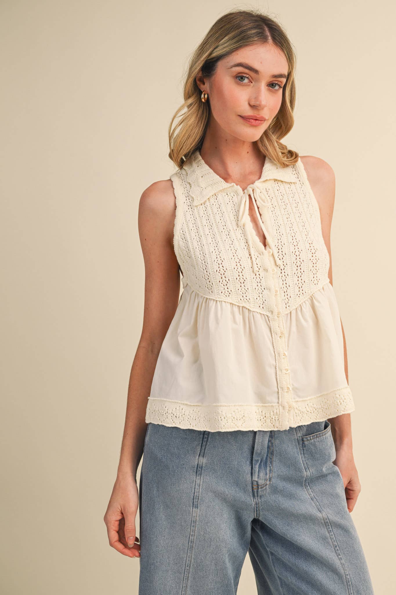 Mixed Media Collared Button Down Sweater Top