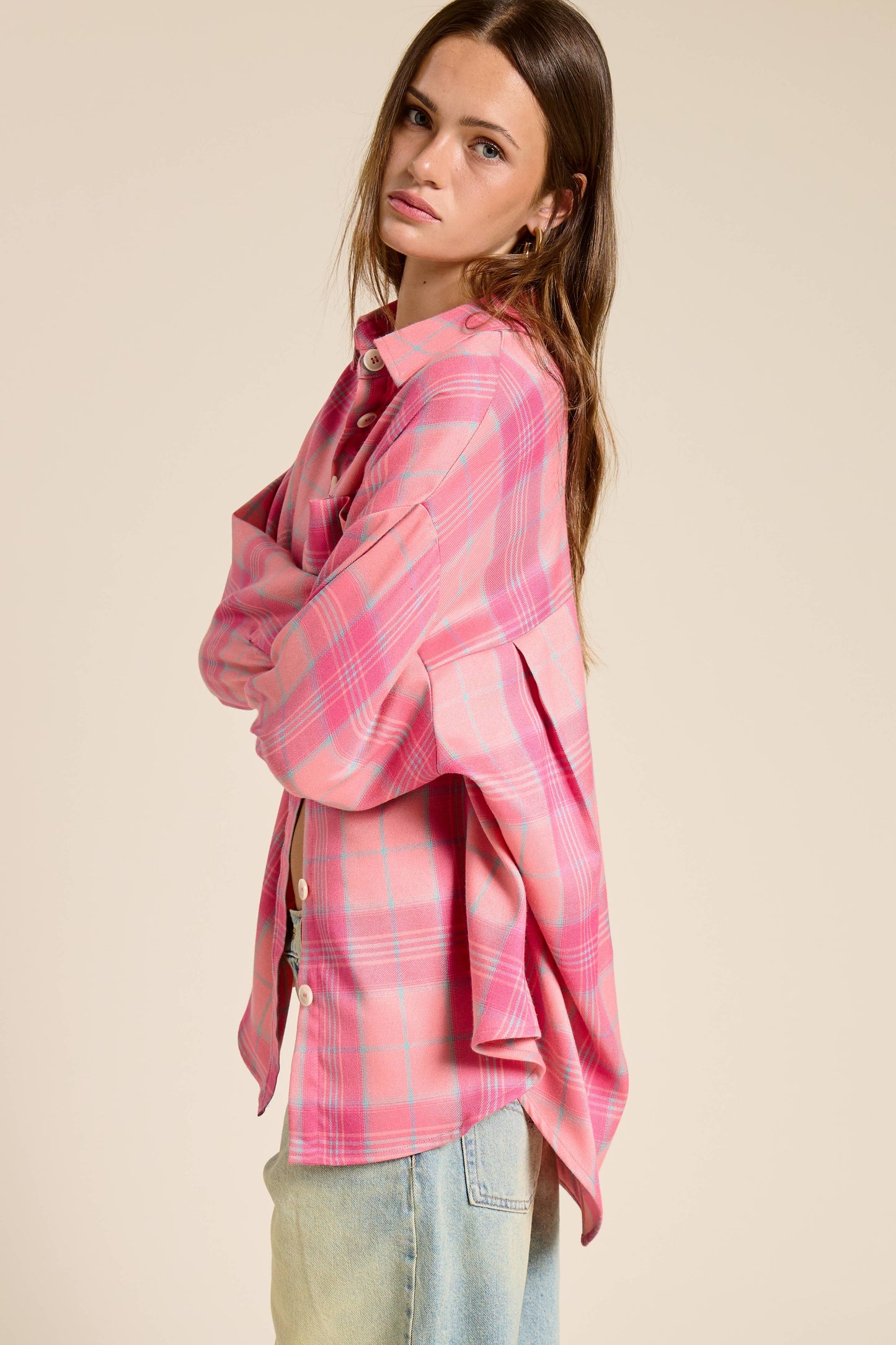 Oversized Plaid Button Down Shirt with Front Pocket