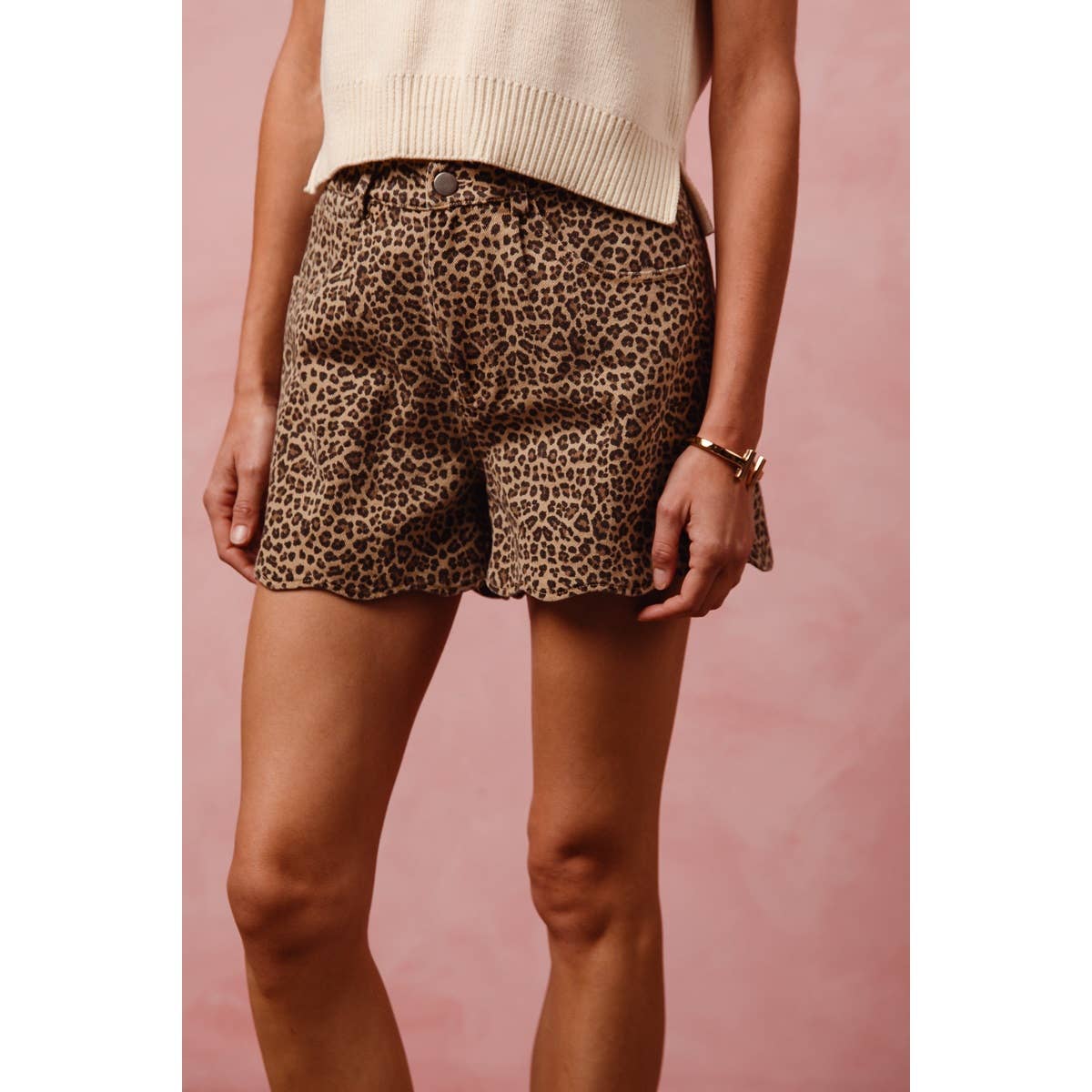 Mid Rise Leopard Shorts with Scallop Hem