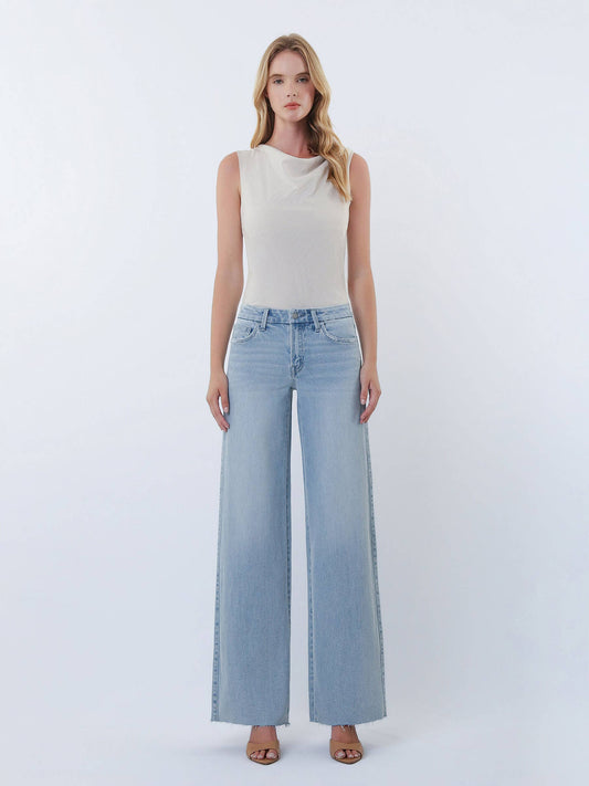 MID RISE LIGHT WASH CLEAN CUT HEM WIDE LEG JEANS