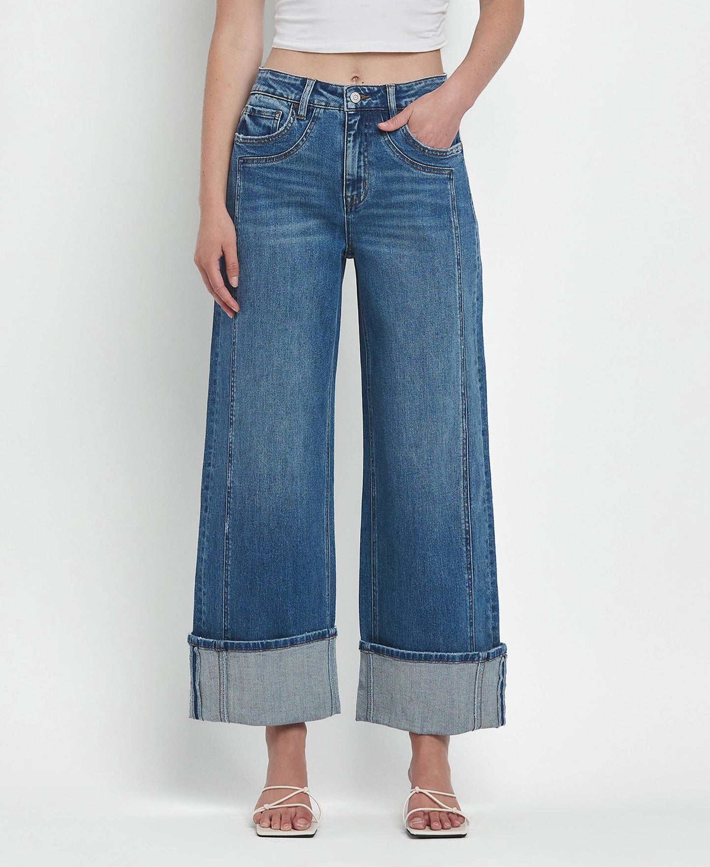 High Rise Cuffed Wide Denim